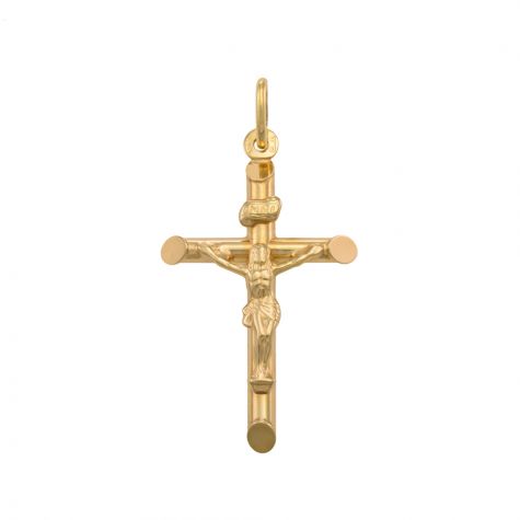 9ct Yellow Gold Medium Round Tubed Crucifix Cross Pendant - 41mm