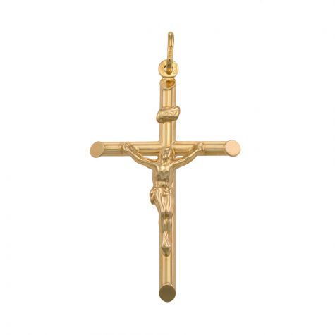 9ct Yellow Gold Large Round Tubed Crucifix Cross Pendant - 52mm