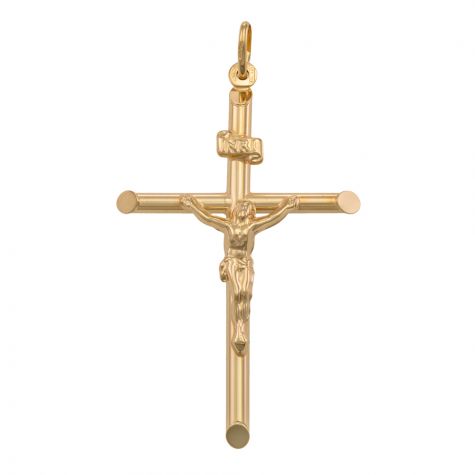 9ct Yellow Gold Ex-Large Round Tubed Crucifix Cross Pendant - 57mm