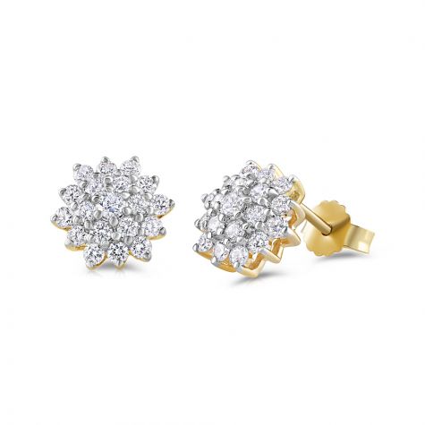 9ct Yellow Gold 1.00ct Diamond Cluster Stud Earrings - 10mm