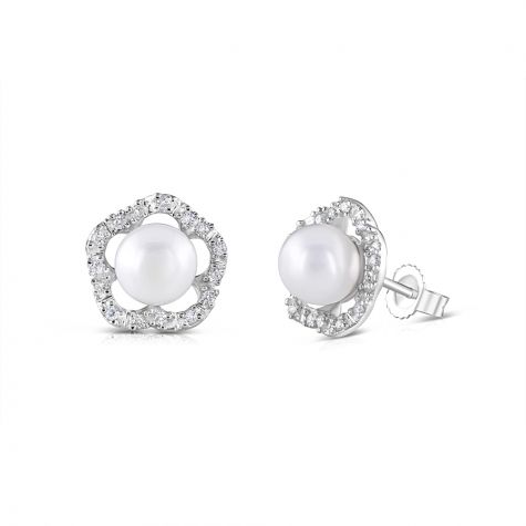 9ct White Gold 0.17ct Diamond & Pearl Stud Earrings - 11mm 