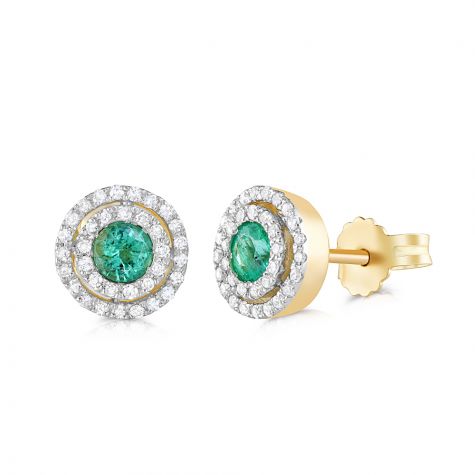 9ct Yellow Gold Diamond & Emerald Halo Style Stud Earrings - 8mm