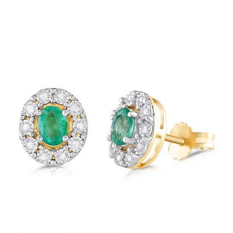 9ct Yellow Gold 0.60ct Emerald & 0.08ct Diamond Stud Earrings - 10mm
