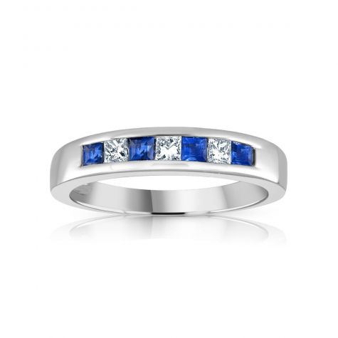 9ct White Gold Princess Cut 0.20ct Diamond & 0.35ct Blue Sapphire Eternity Ring