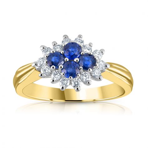 9ct Yellow Gold 0.21ct Diamond & 0.45ct Sapphire Cluster Ring