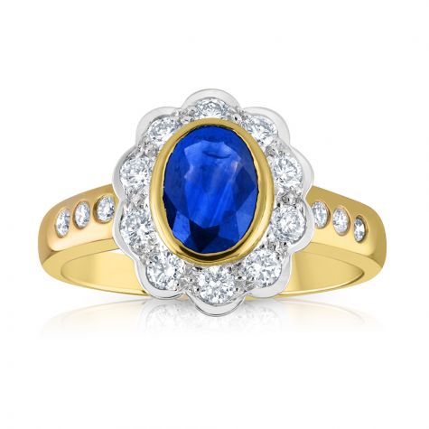18ct Yellow Gold 0.36ct Diamond & 0.90ct Blue Sapphire Cluster Ring