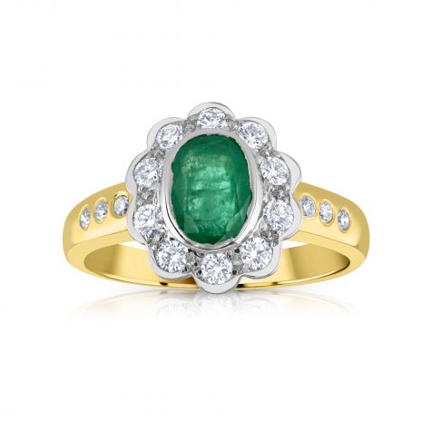 18ct Yellow Gold 0.30ct Diamond & 0.75ct Emerald Cluster Ring