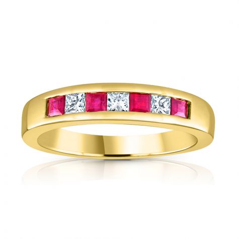 9ct Yellow Gold Princess Cut 0.20ct Diamond & 0.35ct Ruby Eternity Ring