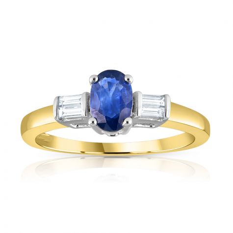 9ct Yellow Gold Baguette Cut 0.11ct Diamond & 0.60ct Blue Sapphire Ring