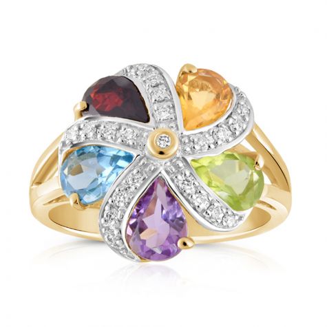 9ct Yellow Gold Diamond & Multi Colour St Flower / Cluster Ring