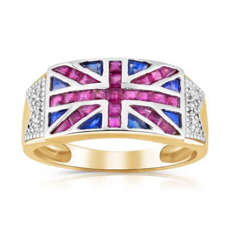 9ct Yellow Gold 0.06ct Diamond 0.28ct Blue Sapphire & 1.00ct Ruby Union Jack Ring