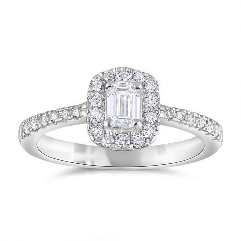 18ct White Gold 0.50ct Emerald Cut Diamond Halo Engagement Ring