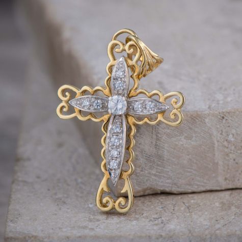 9ct Yellow & White Gold Gem Set Ornate Cross Pendant – Large Statement Religious Pendant 50mm