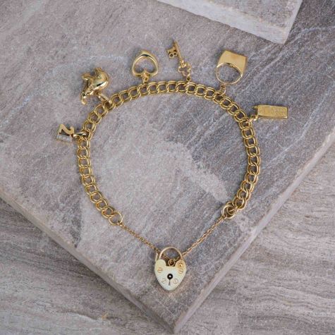 Vintage 9ct Gold Charm Bracelet with Heart Padlock & 6 Charms – Solid Ladies Gold Bracelet 10gr