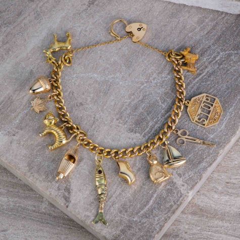 Heavy Solid 9ct Gold Charm Bracelet 32.5g – Vintage Ladies Gold Bracelet with 12 Charms