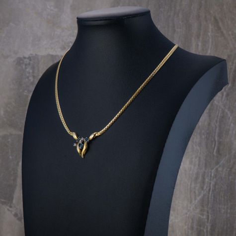 Solid 9ct Gold Diamond & Sapphire Feature Necklace – 18” Heavy Curb Chain – 10.4g