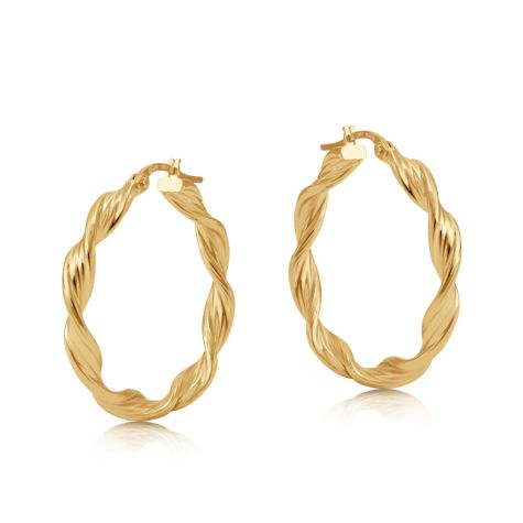 9ct Yellow Gold Round Twist Design Hoop Earrings - 28mm