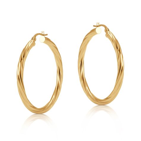 9ct Yellow Gold Twist Design Hoop Earrings - 36mm