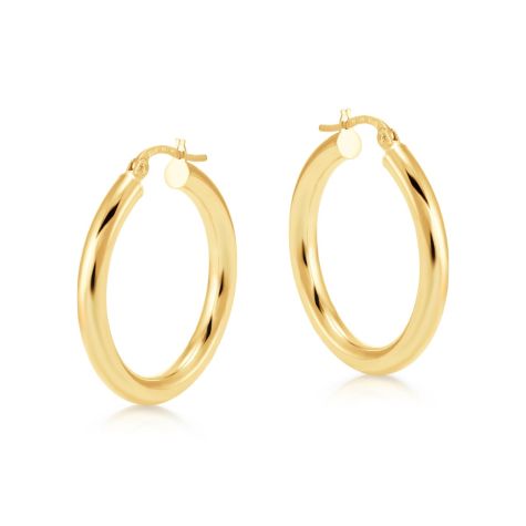 9ct Yellow Gold Round Tube Design Hoop Earrings - 25mm