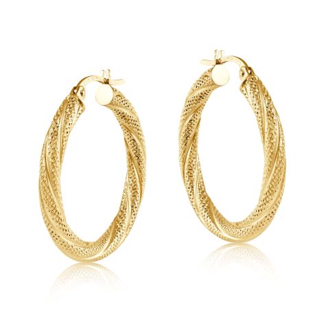 9ct Yellow Gold Frosted Twisted Hoop Earrings - 25mm