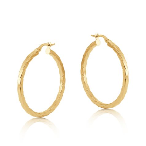 9ct Yellow Gold Flat Square Profile Twist Hoop Earrings - 33mm