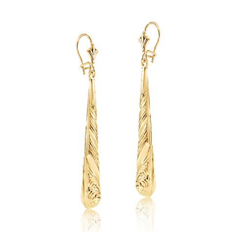 9ct Yellow Gold Patterned Drop Earrings - 7mm