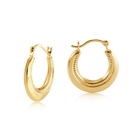 9ct Yellow Gold Frosted Creole Hoop Earrings - 15mm
