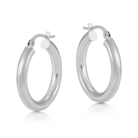 9ct White Gold Round Tube Design Hoop Earrings - 20mm