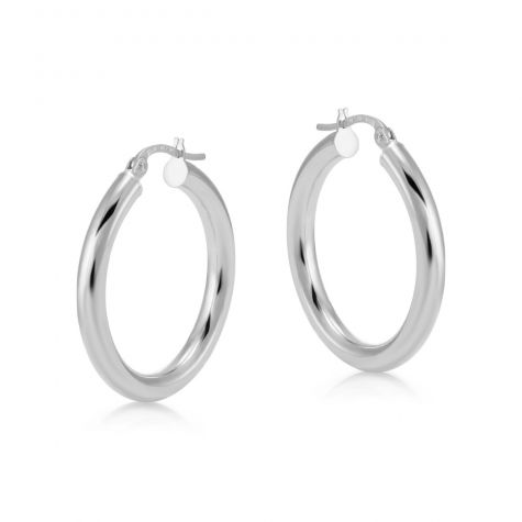 9ct White Gold Round Tube Design Hoop Earrings - 26mm