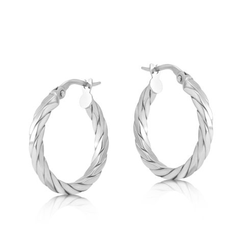 9ct White Gold Flat Square Profile Twist Hoop Earrings - 20mm