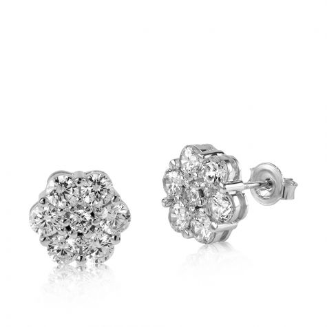 9ct White Gold Cubic Zirconia Cluster Flower Stud Earrings - 8mm