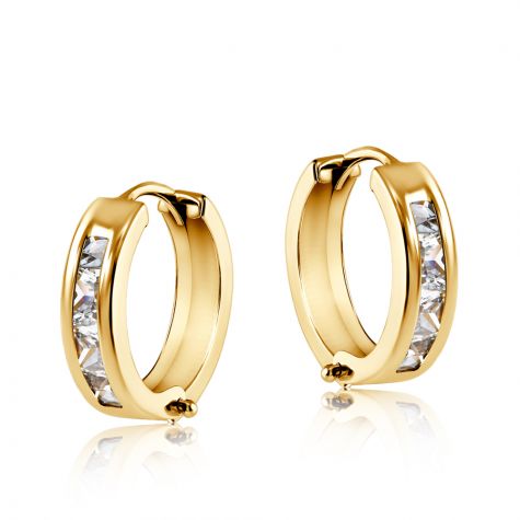 9ct Yellow Gold Channel Set Princess Cut CZ Huggie Hoop Earrings - 12mm