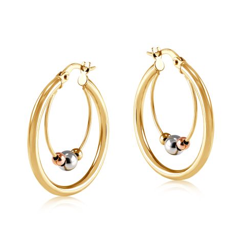 9ct Yellow Gold Hoop Earrings with Tri coloured Gold Balls - 23mm