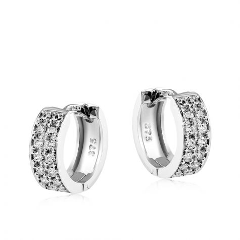 9ct White Gold Double Row Cubic Zirconia Huggie Earrings - 12mm