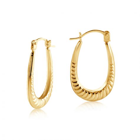 9ct Yellow Gold Oval Ribbed Creole Earrings - 12mm