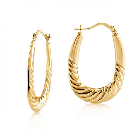 9ct Yellow Gold Oval Ribbed Creole Earrings - 18mm