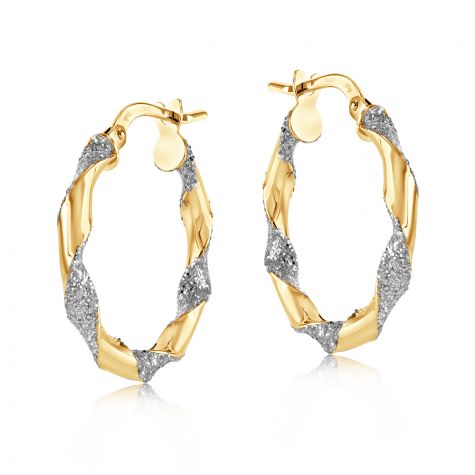 9ct Yellow & White Gold Glitter Finish Twisted Small Hoop Earrings -15mm