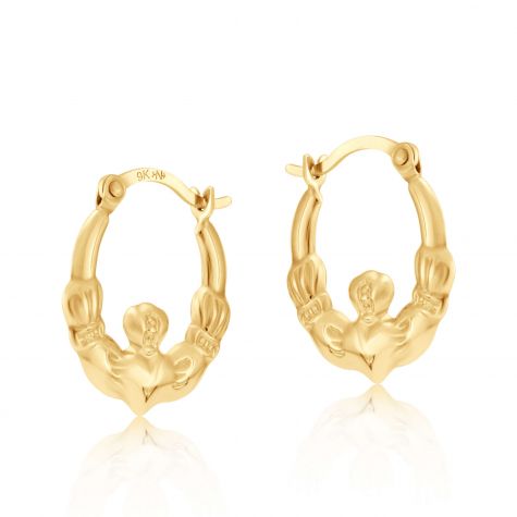 9ct Yellow Gold Claddagh Creole Hoop Earrings - 14mm - Childrens 