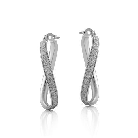 9ct White Gold Moondust Oval Twist Hoop Earrings - 14mm