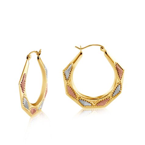 9ct Tri- coloured Gold Patterned Hoop Earrings - 26mm