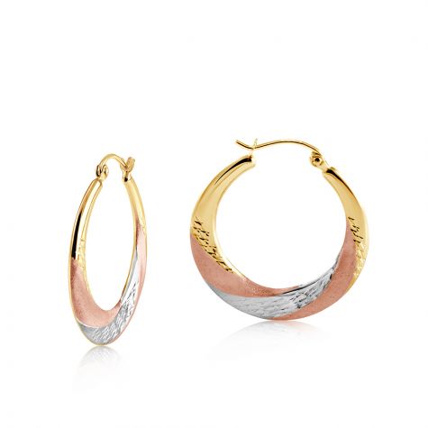 9ct Tri- coloured Gold Round Patterned Hoop Earrings - 25mm