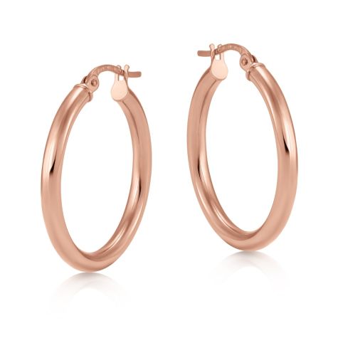 9ct Rose Gold Round Tube Design Hoop Earrings - 25mm