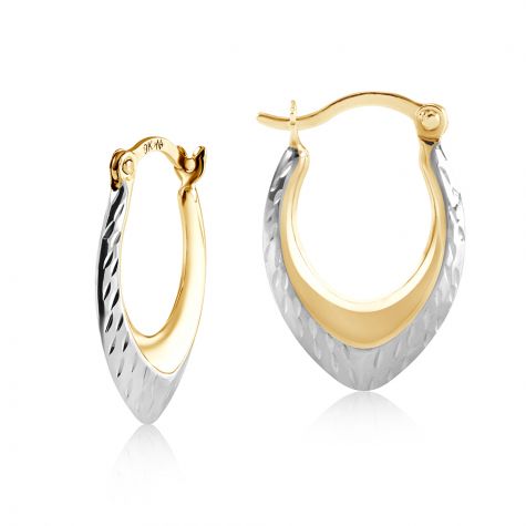 9ct White & Yellow Gold Oval Ribbed Hoop Earrings - 12mm