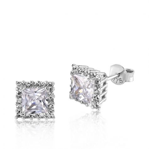 9ct White Gold Princess Cut Cubic Zirconia Halo Stud Earrings - 7mm