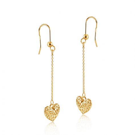 9ct Yellow Gold Filigree Heart Drop Chain Earrings - 11mm