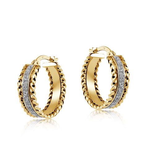 9ct White & Yellow Gold Moondust & Ribbed Edge Hoop Earrings - 18mm