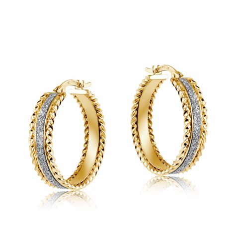 9ct Yellow & White Gold Moondust Twist Edge Hoop Earrings - 23mm