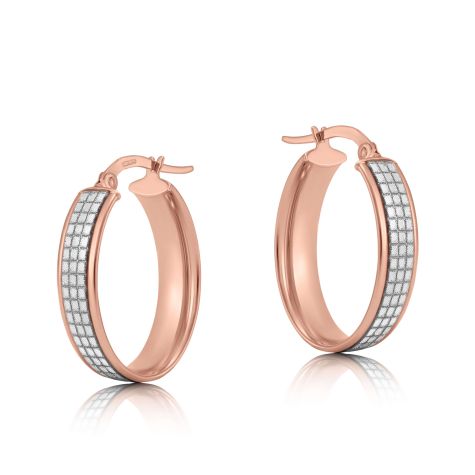 9ct Rose & White Gold Oval Moondust Pave Cut Hoop Earrings - 18mm