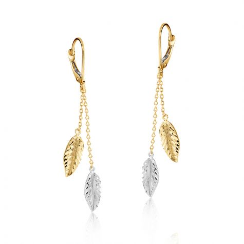 9ct Yellow & White Gold Leaf Chain Drop Earrings - 6mm