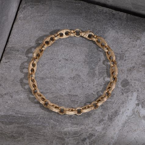 9ct Yellow Gold Ornate Patterned Mariner / Belcher Link Bracelet - 8mm - 9" - Gents